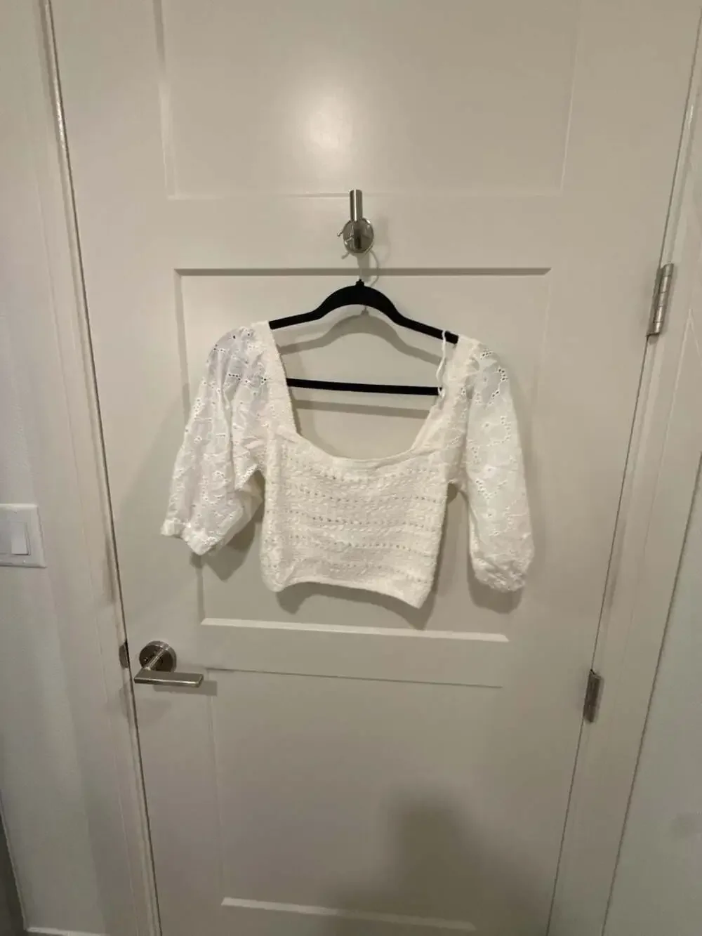 Zara Contrast Knit Eyelet Puff Sleeve Square Neck Crop Top White Small